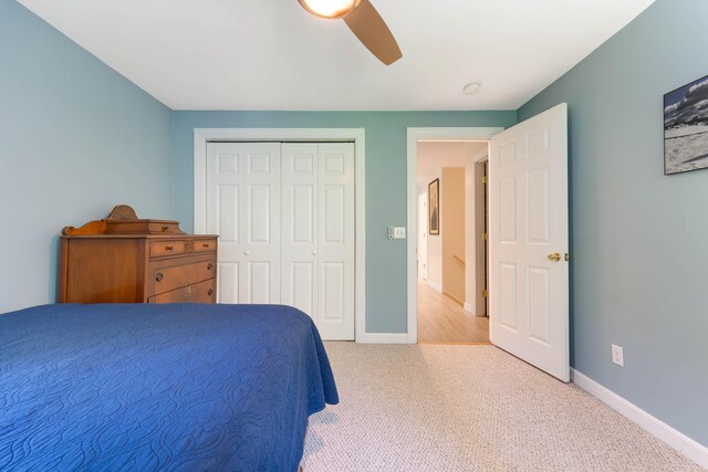 400 Chopps Cross Rd, Woolwich, ME 04579 - bedroom with carpet, baseboards, ceiling fan, and a closet