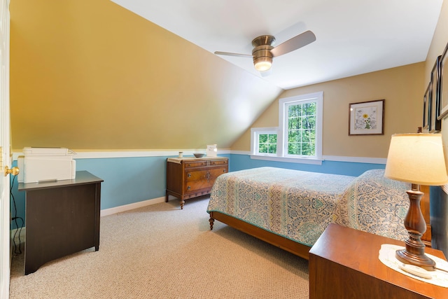 400 Chopps Cross Rd, Woolwich, ME 04579 - bedroom featuring vaulted ceiling, carpet floors, a ceiling fan, and baseboards