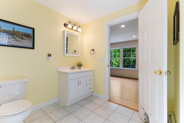 400 Chopps Cross Rd, Woolwich, ME 04579 - bathroom featuring vanity, toilet, baseboards, tile patterned floors, and recessed lighting
