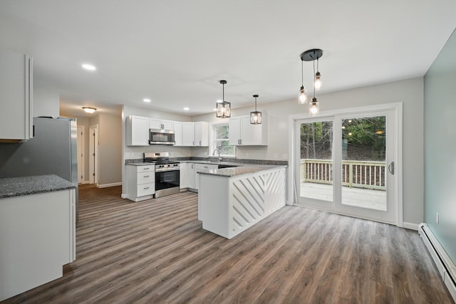 457 S Reynolds Rd, Winslow, ME 04901 - kitchen with appliances with stainless steel finishes, baseboard heating, a peninsula, dark wood-style flooring, and recessed lighting