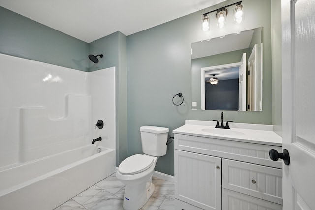 457 S Reynolds Rd, Winslow, ME 04901 - full bathroom with marble look tile flooring, toilet, shower / bath combination, a ceiling fan, and vanity