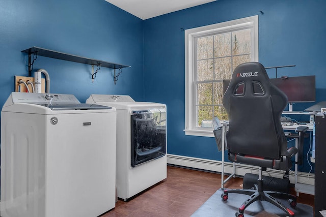 37 Birchwood Ln, Bowdoinham, ME 04008 - washroom with independent washer and dryer, wood finished floors, a desk, and baseboards