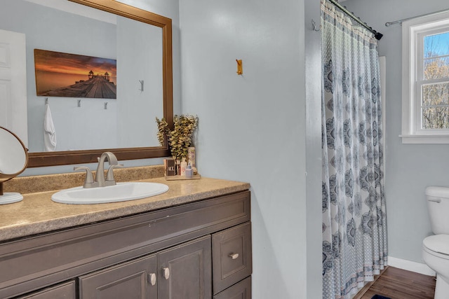 37 Birchwood Ln, Bowdoinham, ME 04008 - full bathroom featuring toilet, vanity, a shower with shower curtain, and wood finished floors