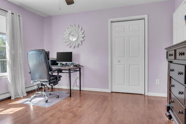 37 Birchwood Ln, Bowdoinham, ME 04008 - office space with wood finished floors, baseboards, and ceiling fan