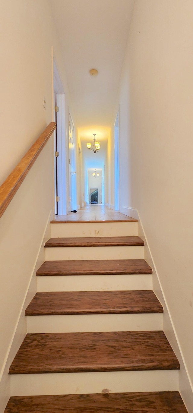 281 Cross Rd, Washburn, ME 04786 - stairway featuring a chandelier
