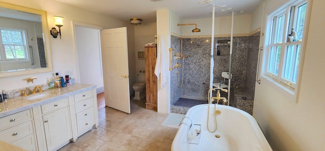 281 Cross Rd, Washburn, ME 04786 - full bathroom with a stall shower, vanity, a soaking tub, and toilet