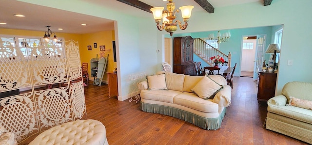 281 Cross Rd, Washburn, ME 04786 - living area with a chandelier, beam ceiling, wood finished floors, recessed lighting, and stairway