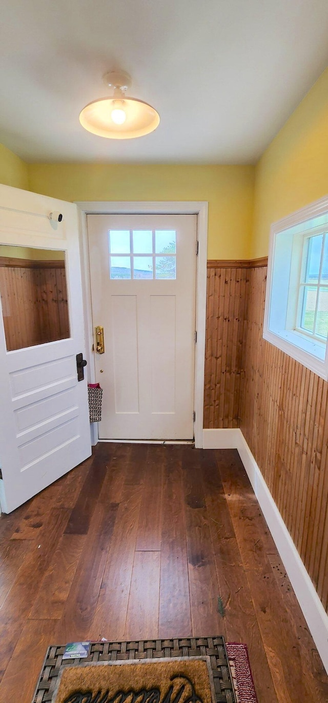 281 Cross Rd, Washburn, ME 04786 - doorway with a wainscoted wall, dark wood finished floors, wood walls, and plenty of natural light