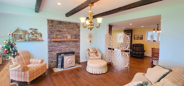281 Cross Rd, Washburn, ME 04786 - living area with a chandelier, wood finished floors, beam ceiling, a fireplace, and recessed lighting
