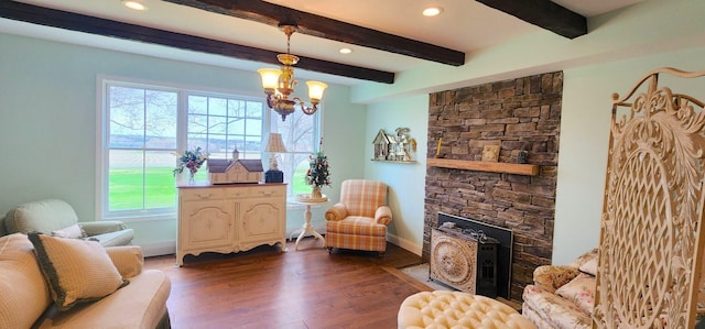 281 Cross Rd, Washburn, ME 04786 - living area featuring dark wood-style floors, plenty of natural light, recessed lighting, baseboards, and a chandelier