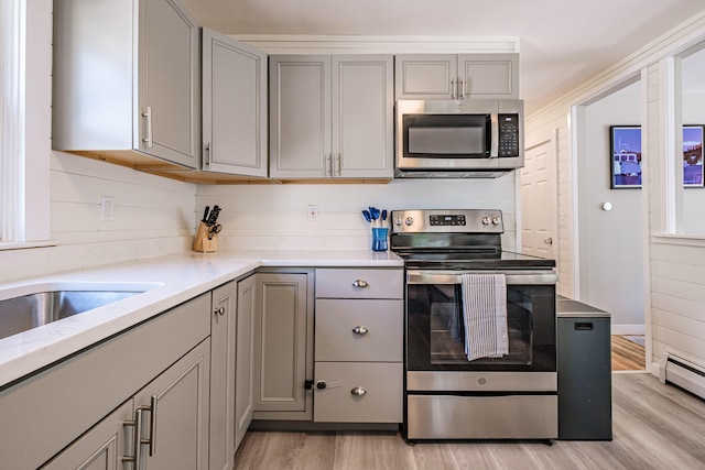 301 Sherwood St, Portland, ME 04103 - kitchen with appliances with stainless steel finishes, gray cabinets, light wood-type flooring, and a baseboard radiator
