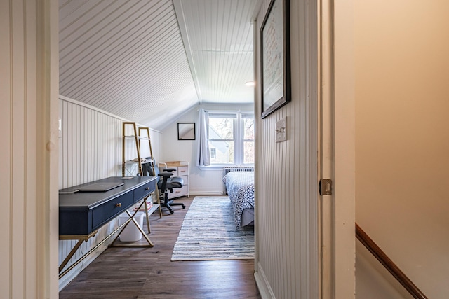 301 Sherwood St, Portland, ME 04103 - bedroom featuring vaulted ceiling, dark wood finished floors, baseboards, and an office area