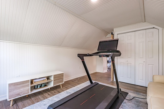 301 Sherwood St, Portland, ME 04103 - exercise area featuring vaulted ceiling and wood finished floors