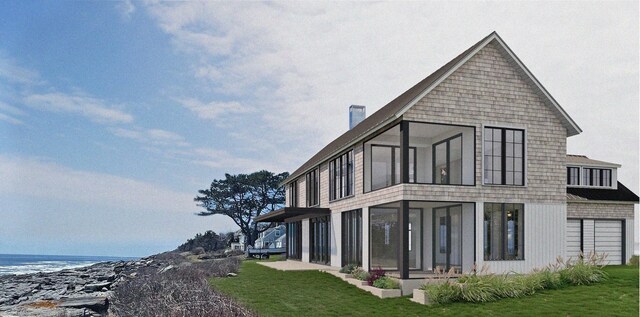 7 Dyer Ln Unit B, Cape Elizabeth, ME 04107 - view of side of home featuring a water view, a yard, a chimney, and a sunroom