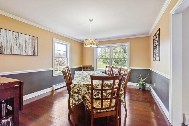 30 Royale Dr, Sidney, ME 04330 - dining area with dark wood finished floors, baseboard heating, crown molding, and baseboards