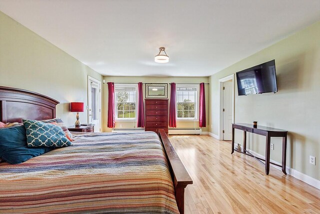 30 Royale Dr, Sidney, ME 04330 - bedroom featuring a baseboard heating unit, light wood-style flooring, and baseboards