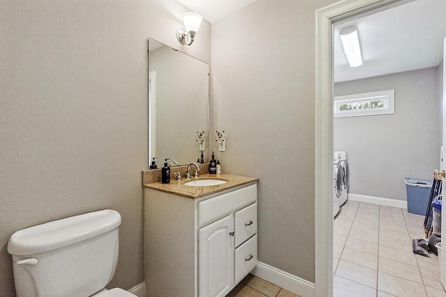 30 Royale Dr, Sidney, ME 04330 - bathroom with washing machine and clothes dryer, toilet, tile patterned floors, vanity, and baseboards