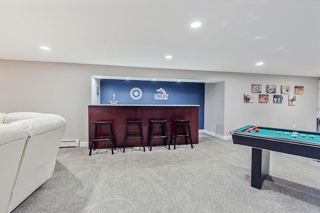 30 Royale Dr, Sidney, ME 04330 - rec room featuring a baseboard radiator, carpet, recessed lighting, pool table, and baseboards