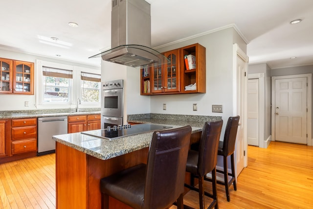 11 Summer St, Kennebunk, ME 04043 - kitchen featuring appliances with stainless steel finishes, island range hood, ornamental molding, light wood-style flooring, and a peninsula