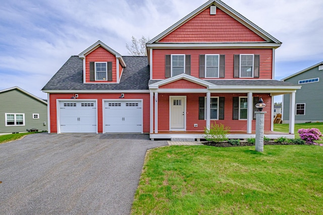 14 Bluebird Trl Unit 67, Falmouth, ME 04105 - view of front of home with a garage, a shingled roof, asphalt driveway, covered porch, and a front lawn