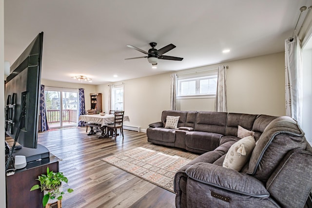 14 Bluebird Trl Unit 67, Falmouth, ME 04105 - living room with wood finished floors, a ceiling fan, recessed lighting, and baseboards