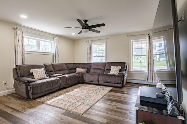 14 Bluebird Trl Unit 67, Falmouth, ME 04105 - living area featuring a ceiling fan, wood finished floors, recessed lighting, and baseboards