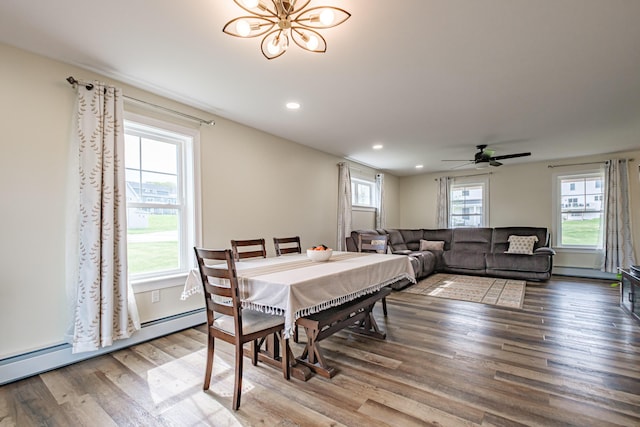 14 Bluebird Trl Unit 67, Falmouth, ME 04105 - dining room with wood finished floors, recessed lighting, a chandelier, a baseboard radiator, and ceiling fan