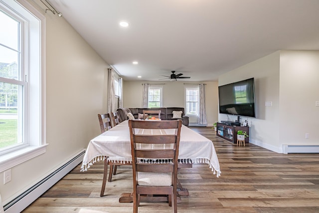 14 Bluebird Trl Unit 67, Falmouth, ME 04105 - dining room featuring baseboard heating, a baseboard radiator, wood finished floors, ceiling fan, and recessed lighting
