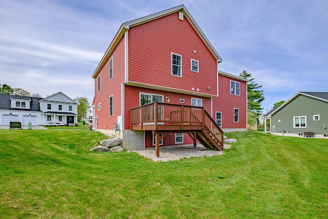 14 Bluebird Trl Unit 67, Falmouth, ME 04105 - rear view of house with a wooden deck, stairway, a yard, and central air condition unit