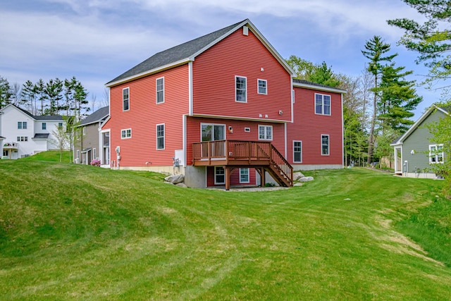 14 Bluebird Trl Unit 67, Falmouth, ME 04105 - back of house with stairway, a wooden deck, and a lawn