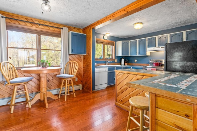 414 Oak Hill Rd, Litchfield, ME 04350 - kitchen featuring white dishwasher, stainless steel range with electric cooktop, freestanding refrigerator, a textured ceiling, and wood finished floors