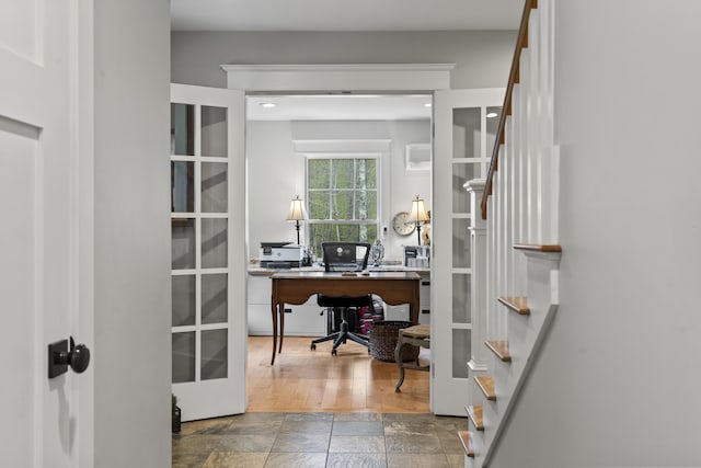 16 Sweet Fern Ln, Bowdoinham, ME 04008 - office featuring french doors, stone finish flooring, and a wall mounted AC