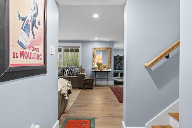 16 Sweet Fern Ln, Bowdoinham, ME 04008 - hall with stairs, wood finished floors, and recessed lighting