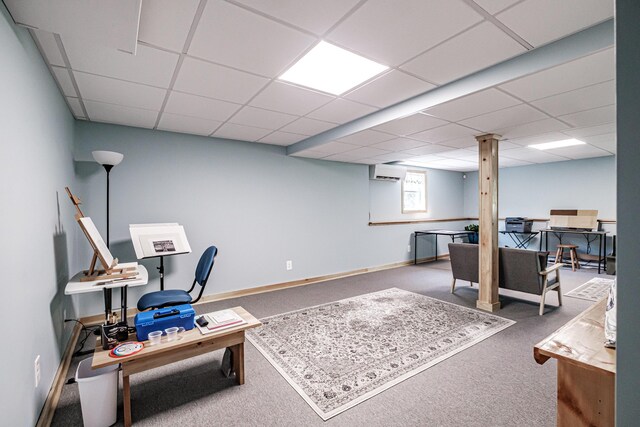 48 Sancho Dr, Saco, ME 04072 - office area featuring carpet flooring, a wall mounted AC, a paneled ceiling, and baseboards
