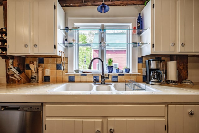 71 Brook Rd, Falmouth, ME 04105 - kitchen with tile counters, dishwasher, a sink, and tasteful backsplash