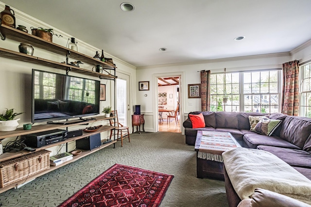 71 Brook Rd, Falmouth, ME 04105 - living area featuring carpet floors, healthy amount of natural light, ornamental molding, and recessed lighting
