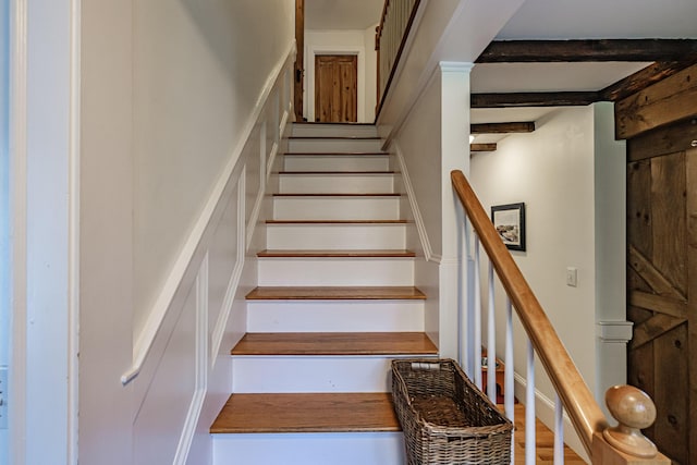 71 Brook Rd, Falmouth, ME 04105 - stairs featuring beamed ceiling and wood finished floors
