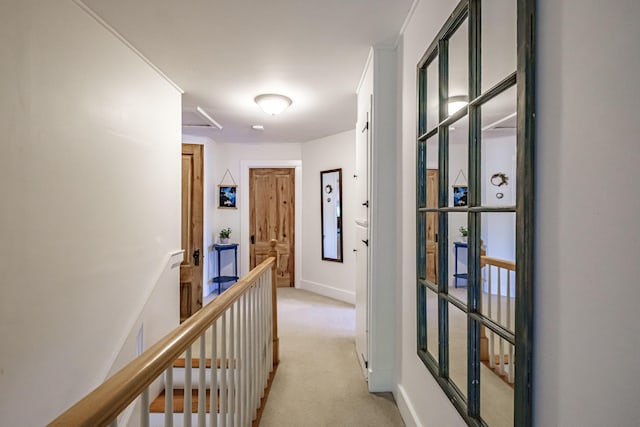71 Brook Rd, Falmouth, ME 04105 - hallway with light carpet, an upstairs landing, and baseboards