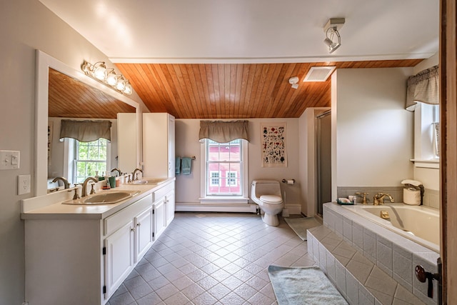 71 Brook Rd, Falmouth, ME 04105 - bathroom featuring wood ceiling, a garden tub, double vanity, a stall shower, and tile patterned flooring