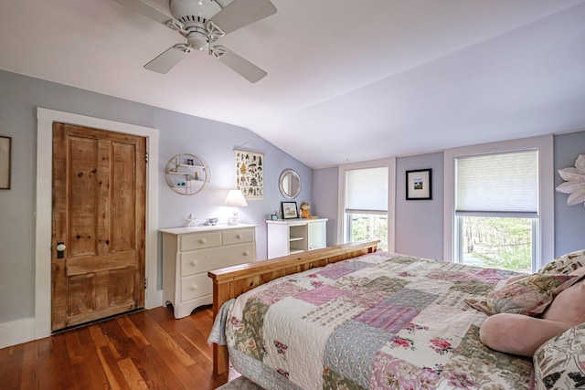 71 Brook Rd, Falmouth, ME 04105 - bedroom with lofted ceiling, dark wood-type flooring, and a ceiling fan