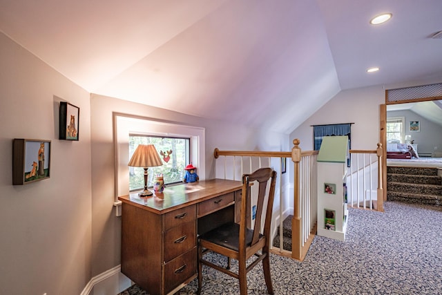 71 Brook Rd, Falmouth, ME 04105 - home office featuring lofted ceiling, carpet flooring, recessed lighting, and baseboards