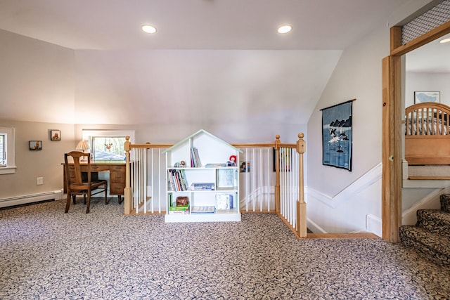 71 Brook Rd, Falmouth, ME 04105 - carpeted home office with vaulted ceiling, a baseboard radiator, and recessed lighting