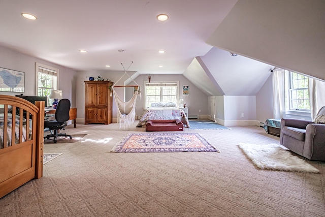 71 Brook Rd, Falmouth, ME 04105 - carpeted bedroom featuring multiple windows, baseboards, recessed lighting, lofted ceiling, and baseboard heating