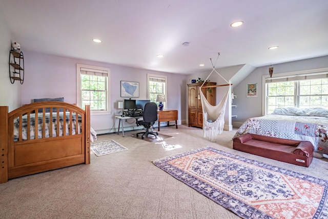 71 Brook Rd, Falmouth, ME 04105 - carpeted bedroom with multiple windows, recessed lighting, a baseboard radiator, an office area, and baseboards