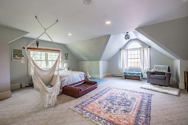 71 Brook Rd, Falmouth, ME 04105 - carpeted bedroom featuring baseboard heating, baseboards, lofted ceiling, and recessed lighting