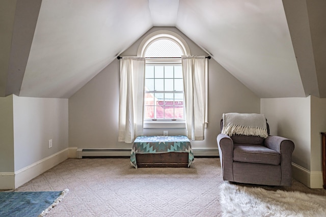 71 Brook Rd, Falmouth, ME 04105 - sitting room featuring a baseboard radiator, carpet, lofted ceiling, and baseboards