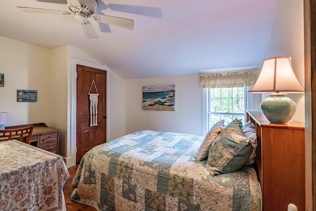 71 Brook Rd, Falmouth, ME 04105 - bedroom featuring vaulted ceiling, wood finished floors, a ceiling fan, and a closet