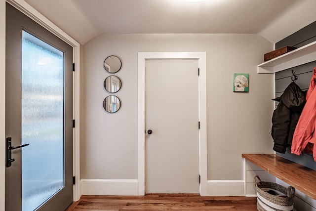 28 Stone Dr, Cape Elizabeth, ME 04107 - mudroom featuring lofted ceiling and wood finished floors