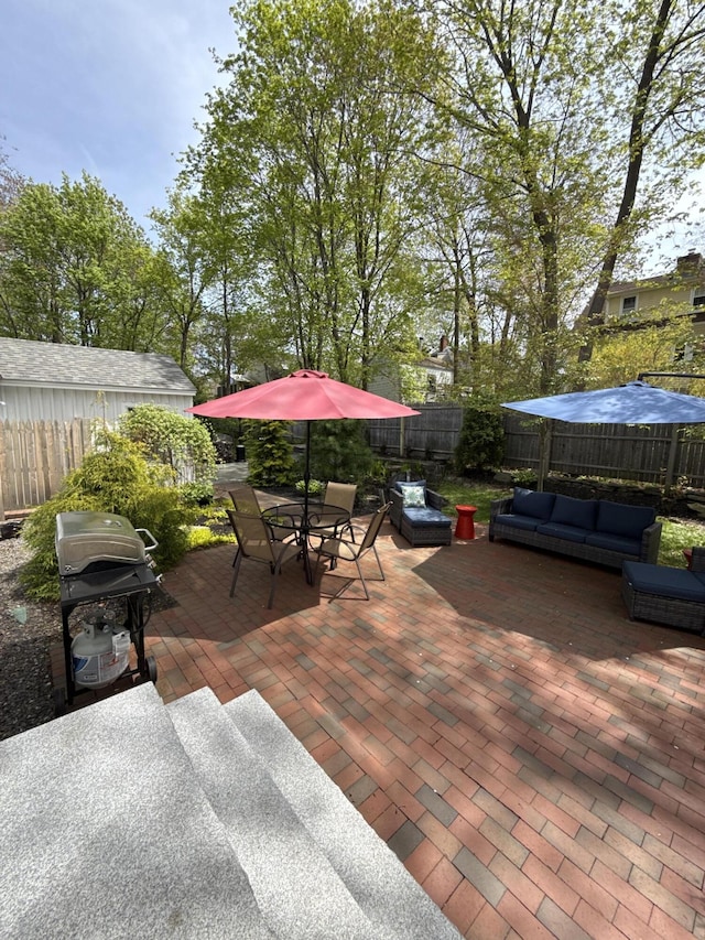 28 Stone Dr, Cape Elizabeth, ME 04107 - view of patio featuring outdoor lounge area, a fenced backyard, outdoor dining area, and area for grilling