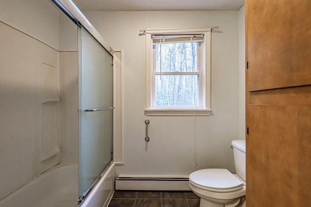 55 Reservoir Rd, Paris, ME 04281 - bathroom featuring baseboard heating, toilet, tile patterned flooring, and combined bath / shower with glass door